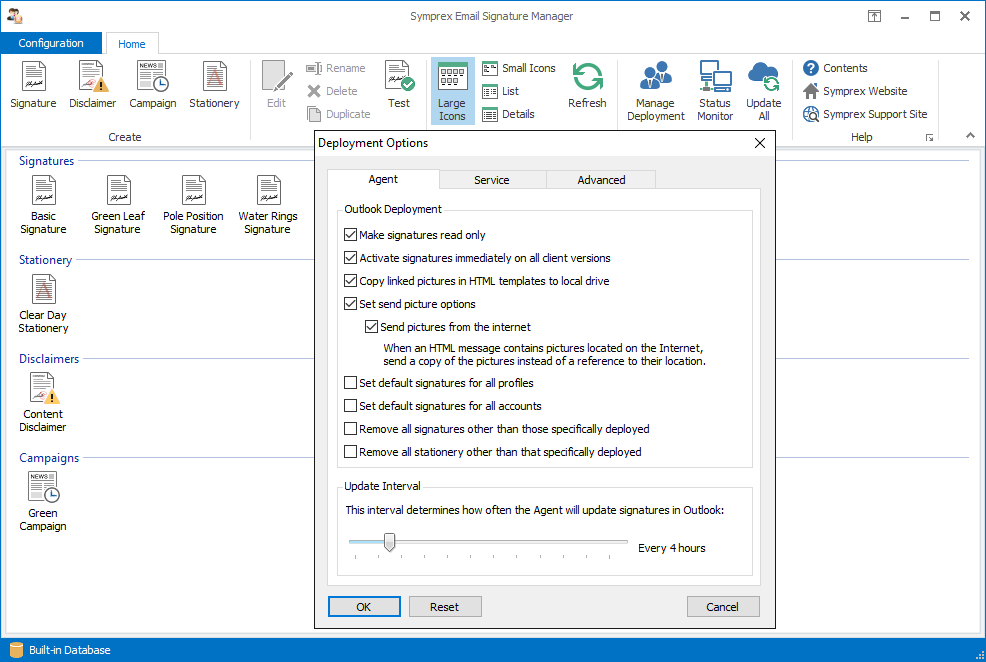 Email Signature Manager Deployment Options dialog.