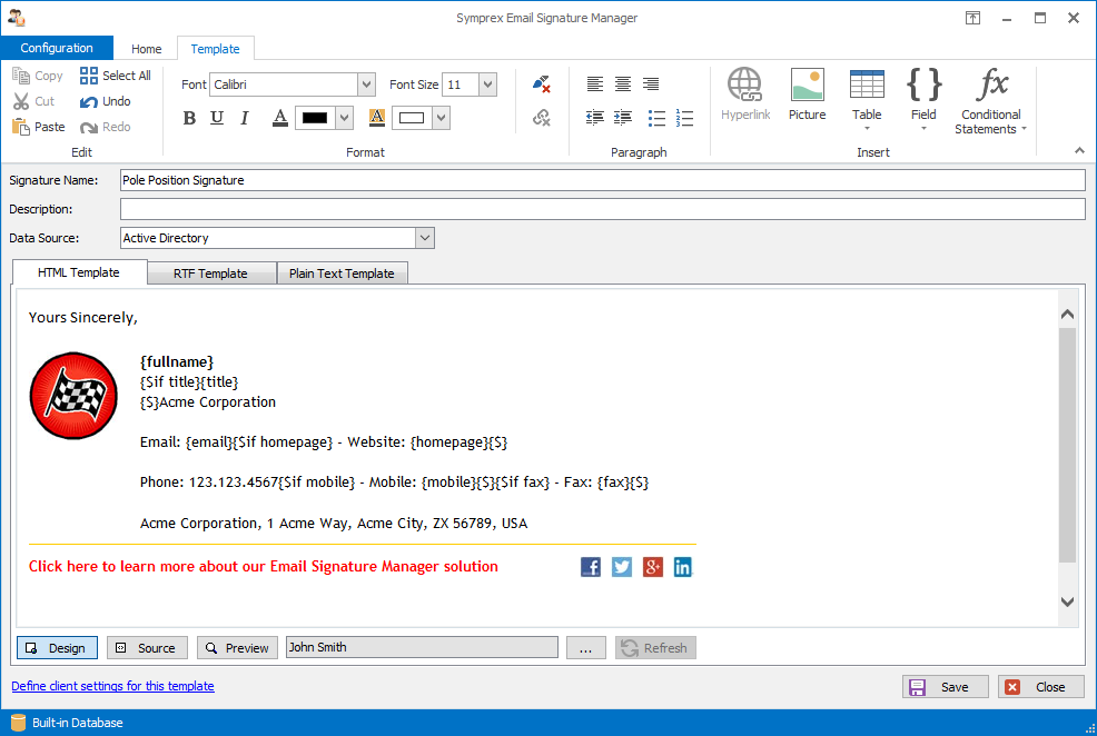 Email Signature Manager template editor.