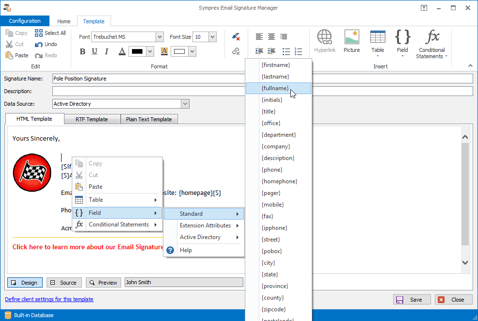 Email Signature Manager template field selection.