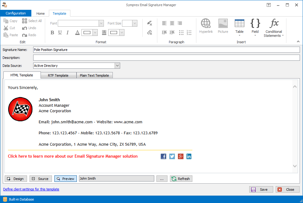 Email Signature Manager template editor preview.