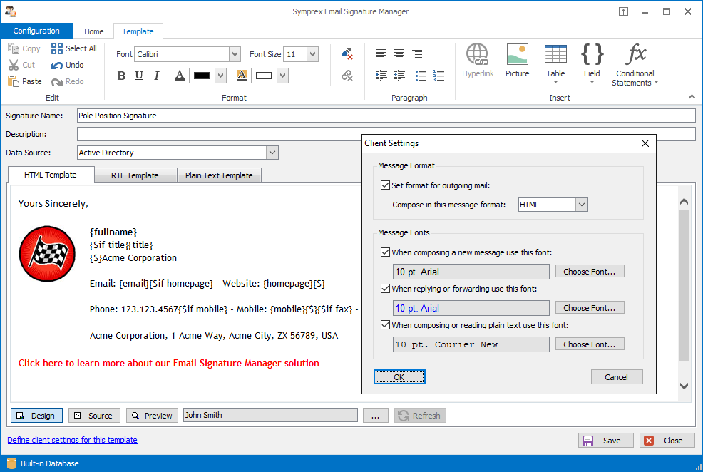 Email Signature Manager template client settings.