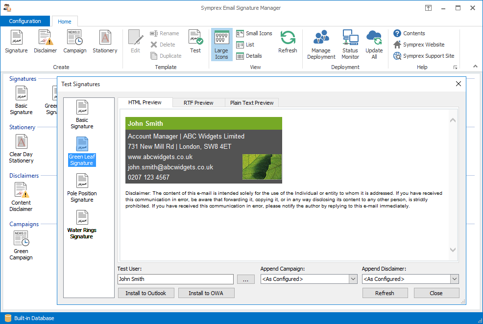 Email Signature Manager Test Signatures dialog.