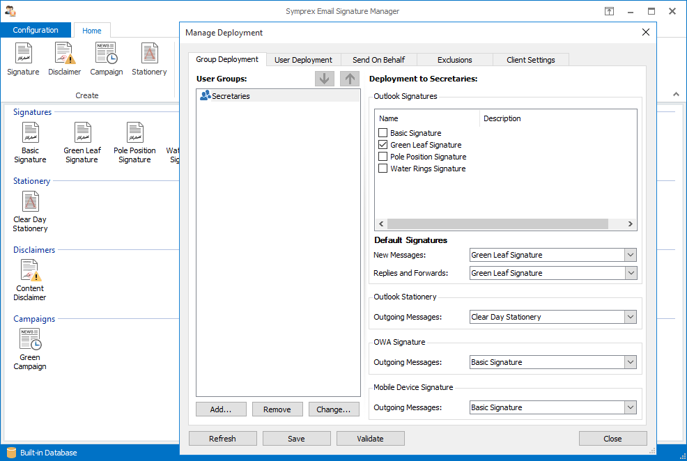 Email Signature Manager Manage Deployment dialog.