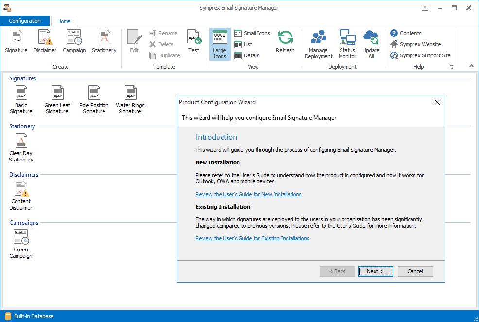 Email Signature Manager Product Configuration Wizard dialog.